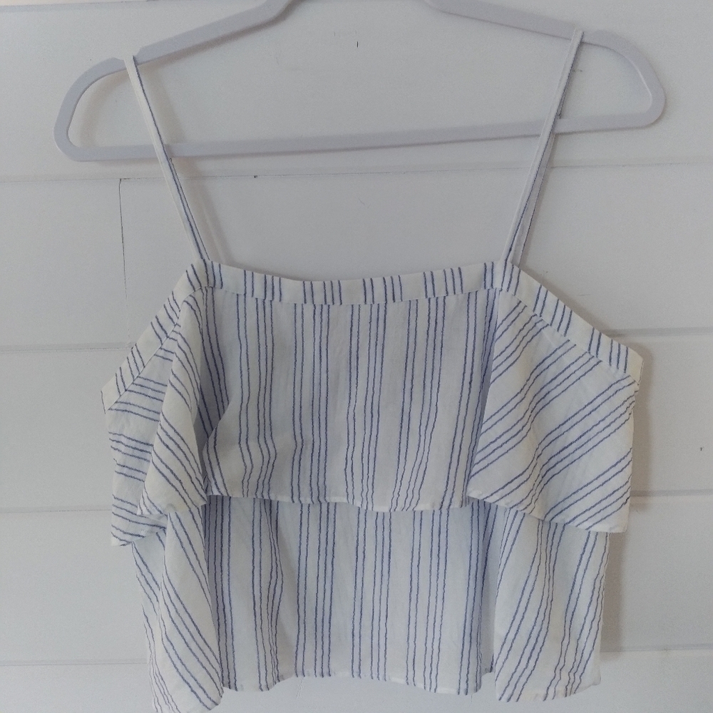 Avec Les Filles crop nautical white & blue stripe linen blend tank